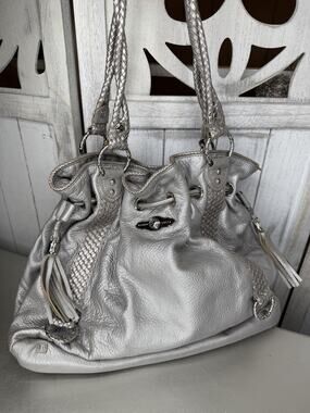 ELLIOTT LUCCA Silver Pebbled Leather Hobo Bucket Drawstring Shoulder Handbag Y2K